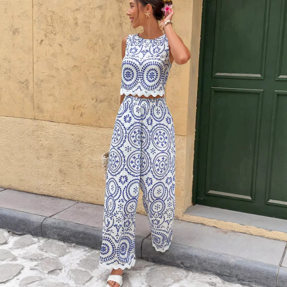 H&M Fashion Sleeveless Casual Long Pants Set Spring Summer Print 2 Piece